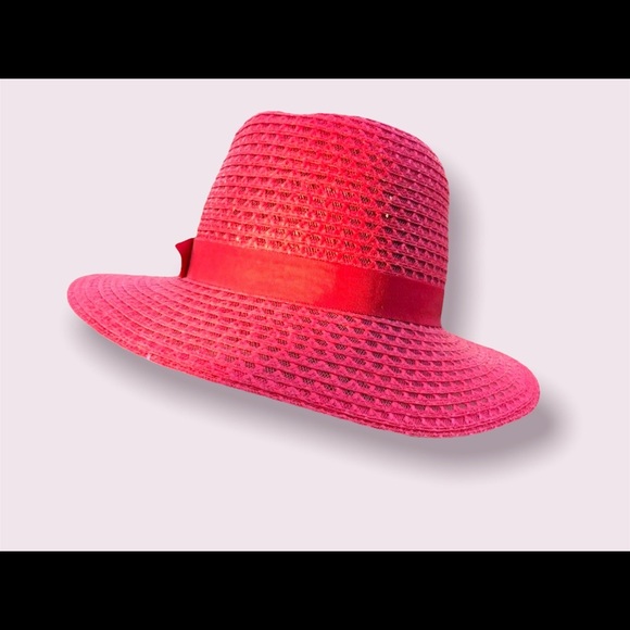 Fedora Raffia Hat Straw Beach Women’s Red Grosgrain Ribbon Vintage Accessory - Picture 3 of 9